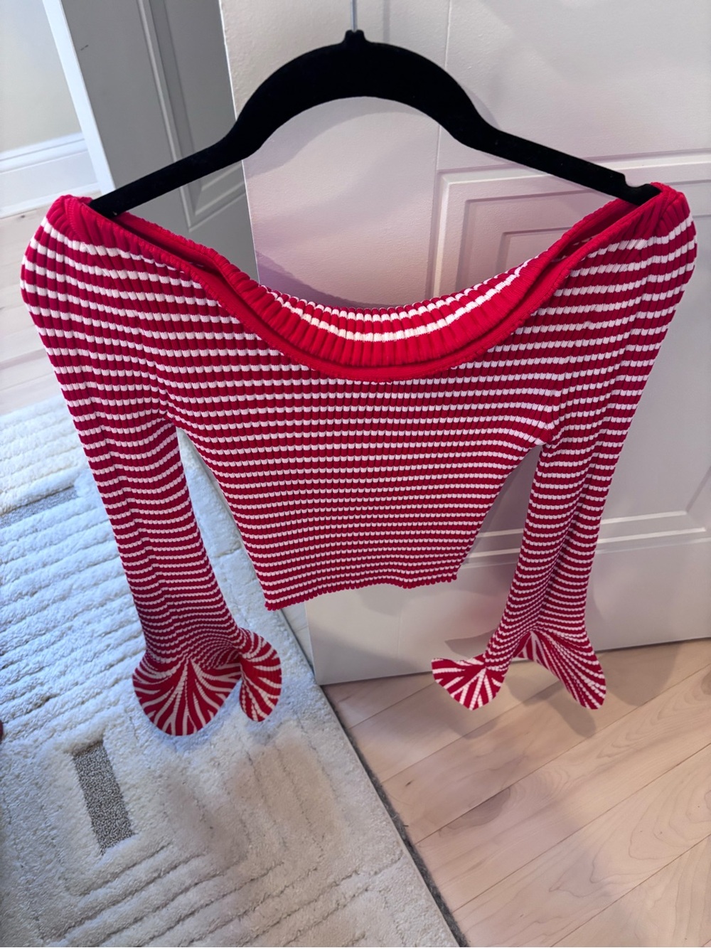 Commense Red & White Striped Off-Shoulder Knit Sweater